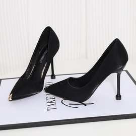 女鞋时装单鞋单鞋EVA小皮鞋(5-8cm)细跟浅口缎面低帮鞋尖头橡胶