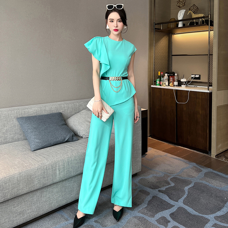 Bộ hai món áo ôm eo phối quần ống rộng cạp cao — Màu xanh nước hồ
