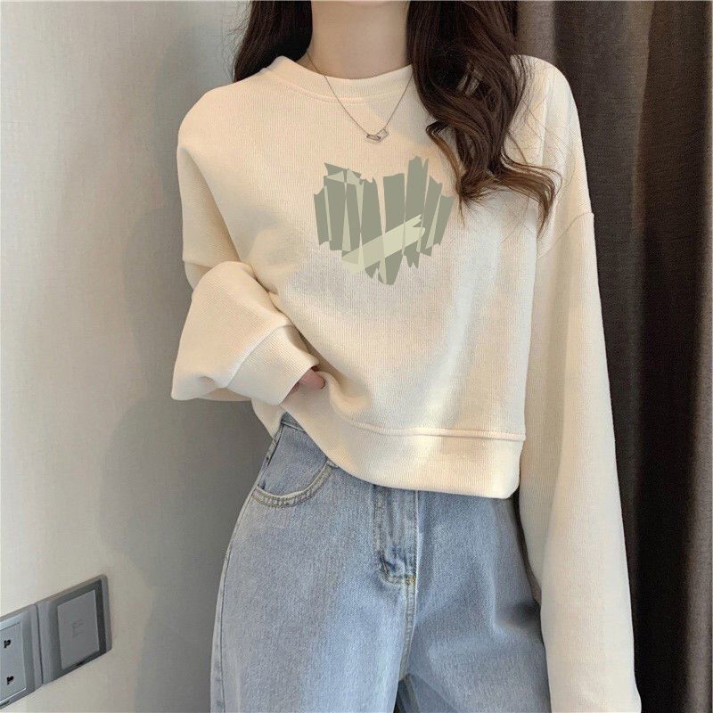 Short Design Sweatshirt for Women 2025 Autumn and Winter Loose New Chic Round Neck Slimming Look Apricot High Waist Top for Small People