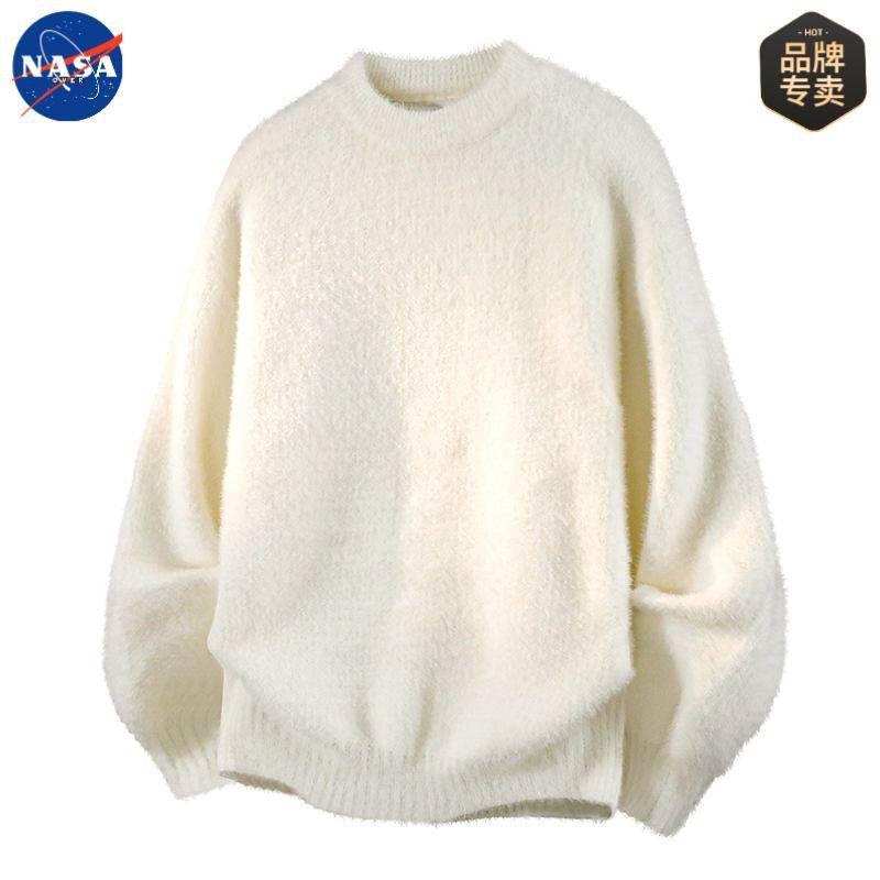 NASA品牌高质量仿貂毛针织衫圆领长袖毛衣男士秋冬季保暖加厚上衣|undefined