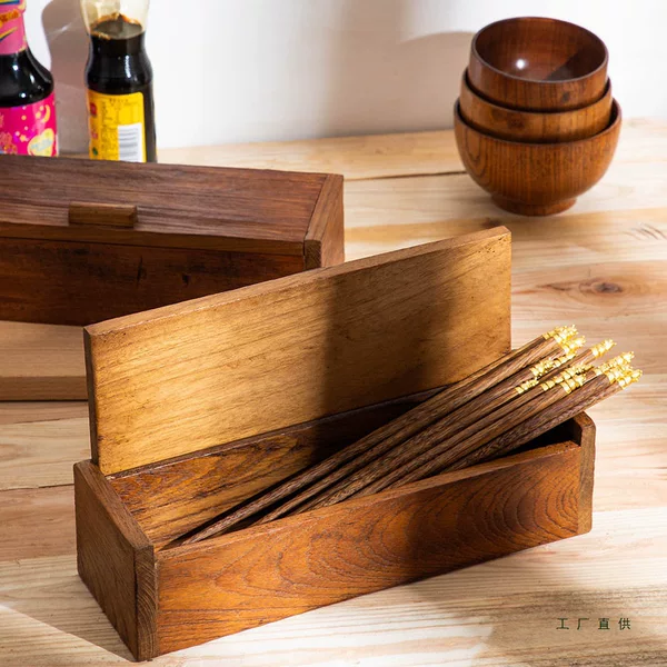 Thai Crafts Tea Set Knife and Fork Storage Box Restaurant Solid Wood Chopstick Box Rectangular with Lid Southeast Asian Jewelry Box