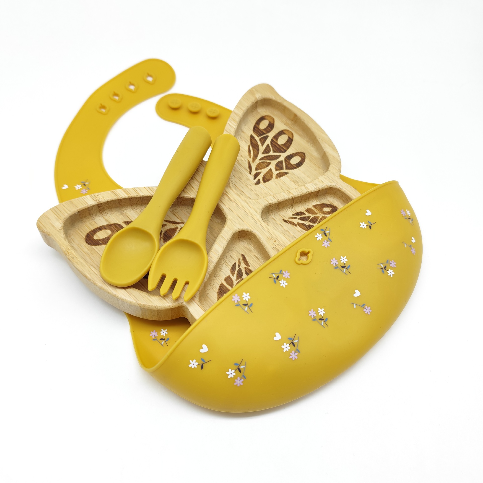 4종세트 [나비-대나무 디너접시+포크+스푼+턱받이]