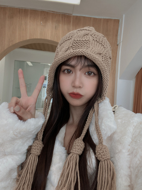 新年红色帽子女秋冬保暖毛线流苏套头帽手工针织护耳帽日系ins|undefined