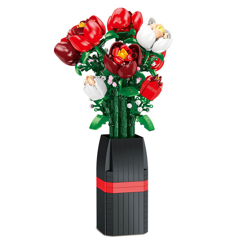 Jie Xing JJ9212 Regalo de San Valentín Ramo de rosas Flor eterna con jarrón Decoración del hogar Bloques de ensamblaje de bricolaje
