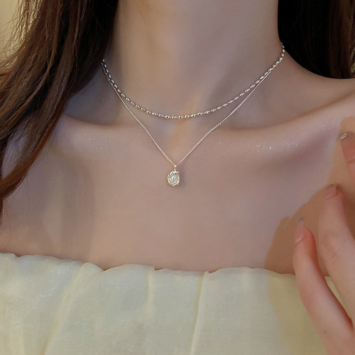 French simple pearl double-layer necklace light luxury niche clavicle chain women's high-end necklace summer fashion accessories