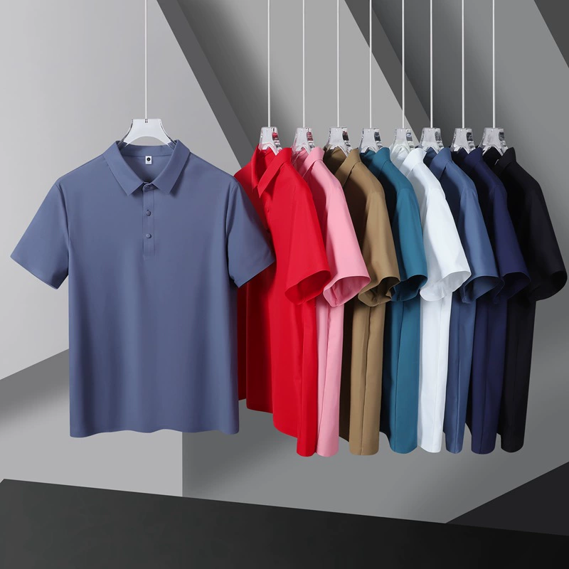 Рубашка Поло с короткими рукавами из ледяного шелка летняя мужская деловая повседневная эластичная без горячего сплошного цвета стойло с короткими рукавами и отворотом Polo мужской