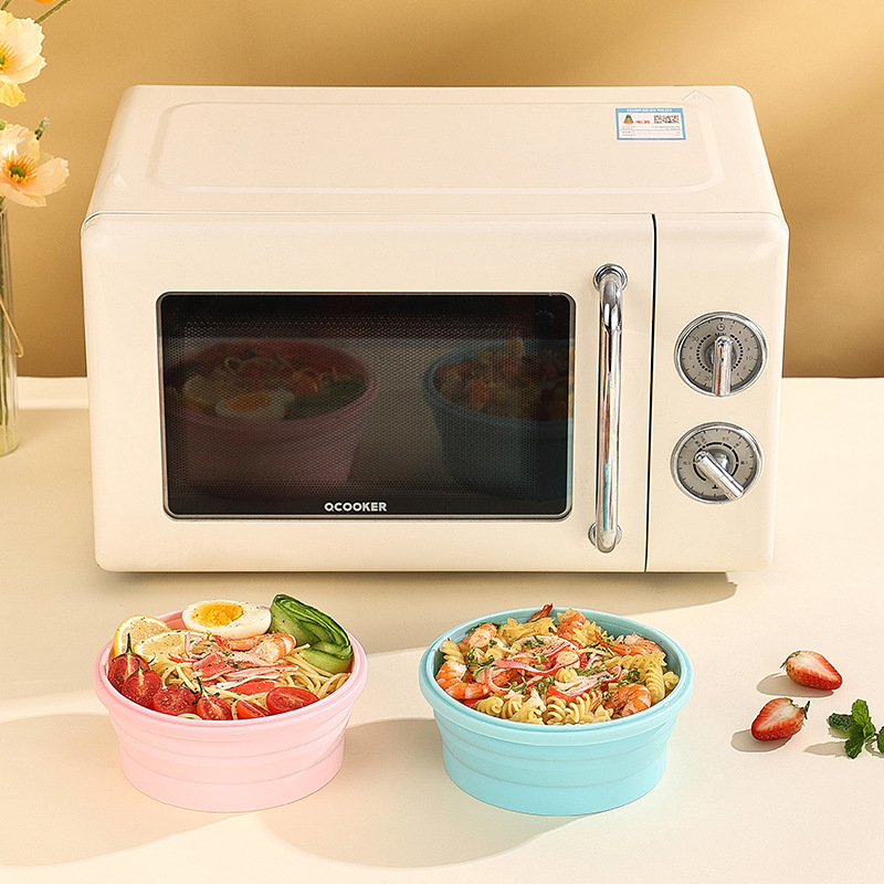 Fiambrera de silicona redonda horno microondas caja de conservación fresca plegable caja bento portátil empresa de plástico juego de tazones de conservación al por mayor