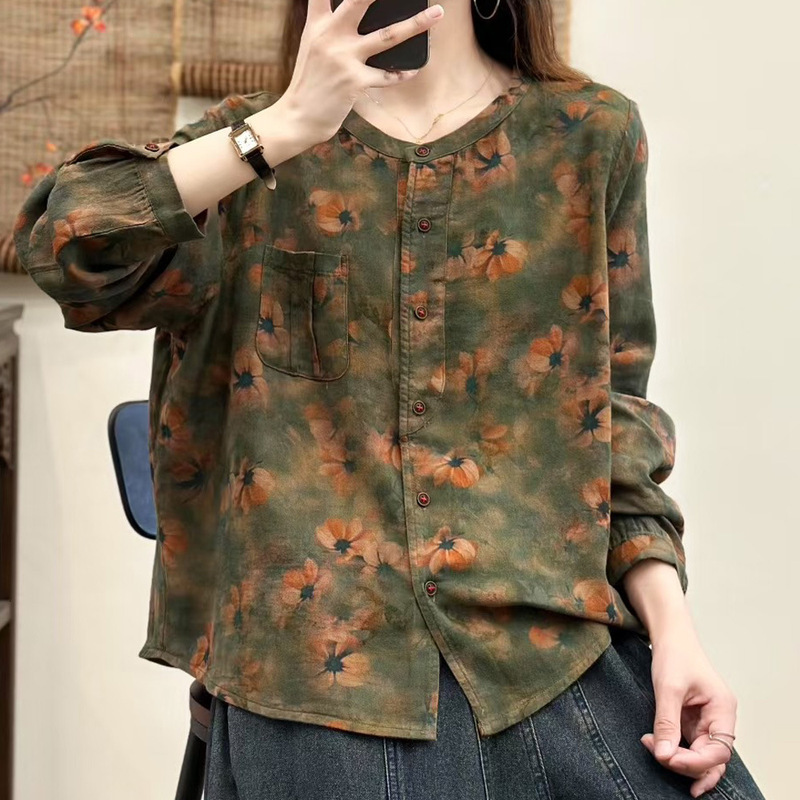 文艺复古长袖棉衬衫女春秋季新款宽松休闲圆领开衫上衣女装外套|undefined
