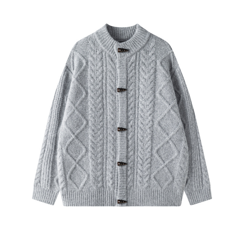 Suéter de torsión otoño y invierno nuevo engrosado retro diamante comercio exterior moda hebilla de cuerno de buey cuello redondo suelto jersey de punto