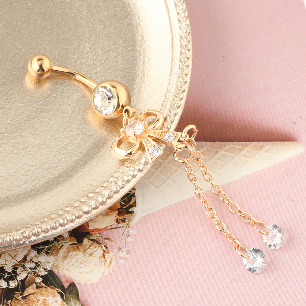 Long Pendant Bow Zircon Navel Ring Stainless Steel Rod Piercing Jewelry Belly Button Ring Rose Gold detail image 7