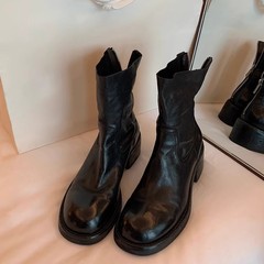 牛皮版~复古圆头粗跟显瘦短靴女牛皮水洗手工马丁靴切尔西瘦瘦靴