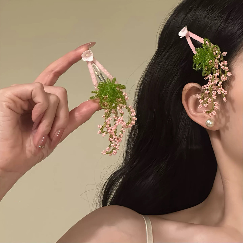 2026 Original【Drunk Spring】Early Spring Atmosphere Flower Beaded Hairpin Side Bangs Bb Clip Hairpin