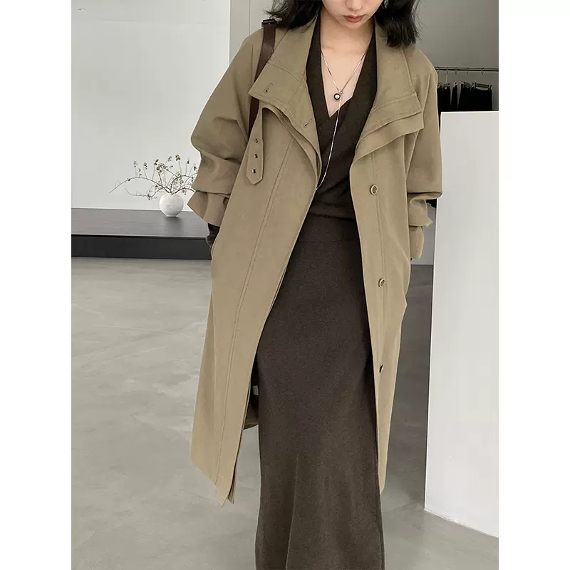 江左 晚秋 卡其色设计感英伦风廓形中长款风衣外套女高级感 1683