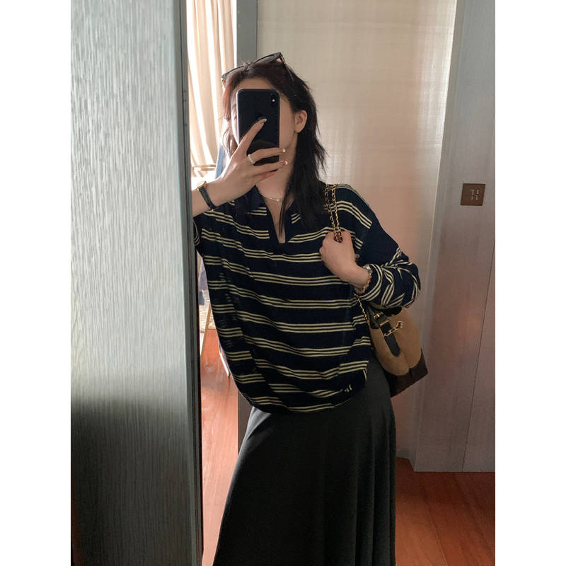 V领撞色条纹宽松长袖针织衫女秋季POLO衫慵懒风气质显瘦休闲上衣|undefined