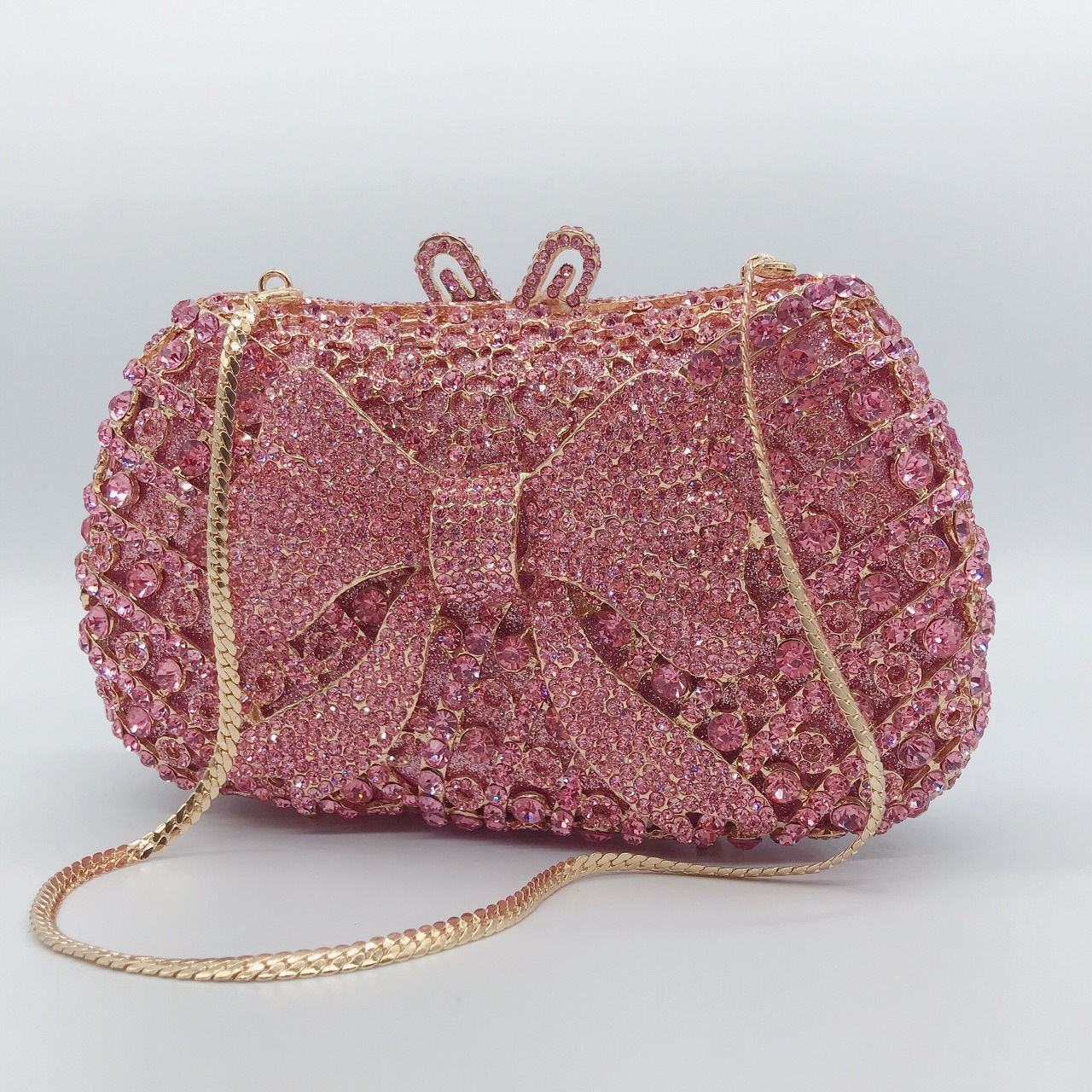 Túi clutch nữ đính kim cương nơ bướm kim loại dây xích dạ tiệc — Vàng kim AB