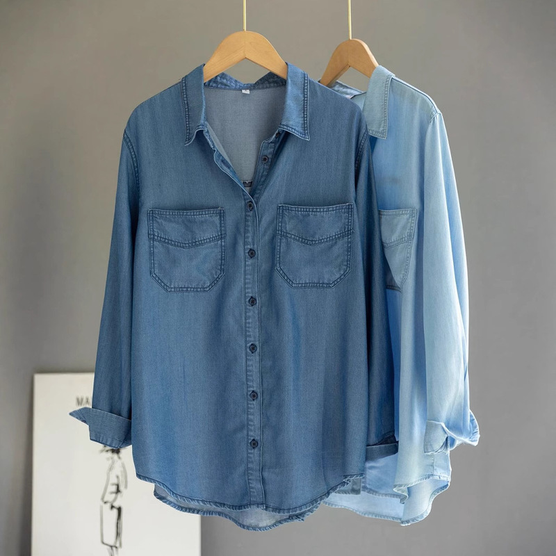 Foreign trade export high-end washed Denim shirt women's design sense niche loose all-match stacked shirt draping bottoming