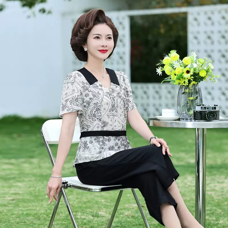 妈妈装夏装套装中老年女夏季时尚气质两件套40岁50大码短袖雪纺衫