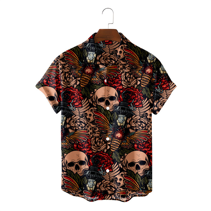 European and American Men's Shirts Are Popular in E-Commerce and Foreign Trade, Featuring Skull Pattern Prints for Hawaiian Beach Vacations