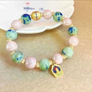 Ash-Colored Glass Bracelet Macaron Light Pink Shower Blue Fresh Barrel Bead Bracelet for Men and Women Couple Cute Candy Fashion