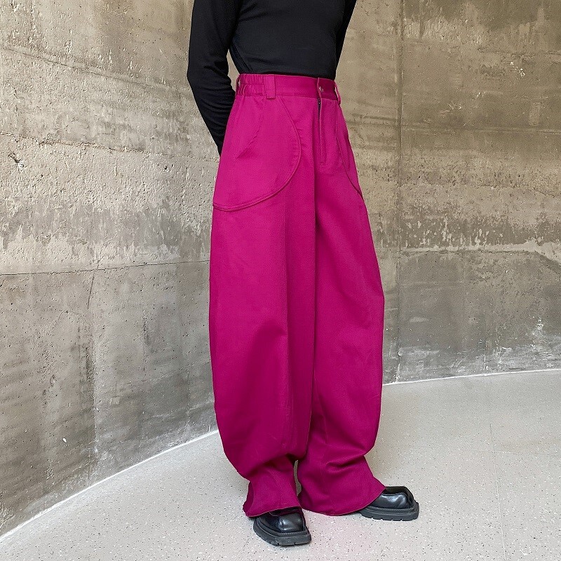 Designer trendy Rose Red closed micro horn ankle-tied pants men's loose wide-leg pants bloomers concert catwalk