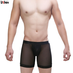 Sports transparent temptation sheer mesh revealing ice silk pouch bag erotic sexy buttock-revealing men's four-sided pants 14016