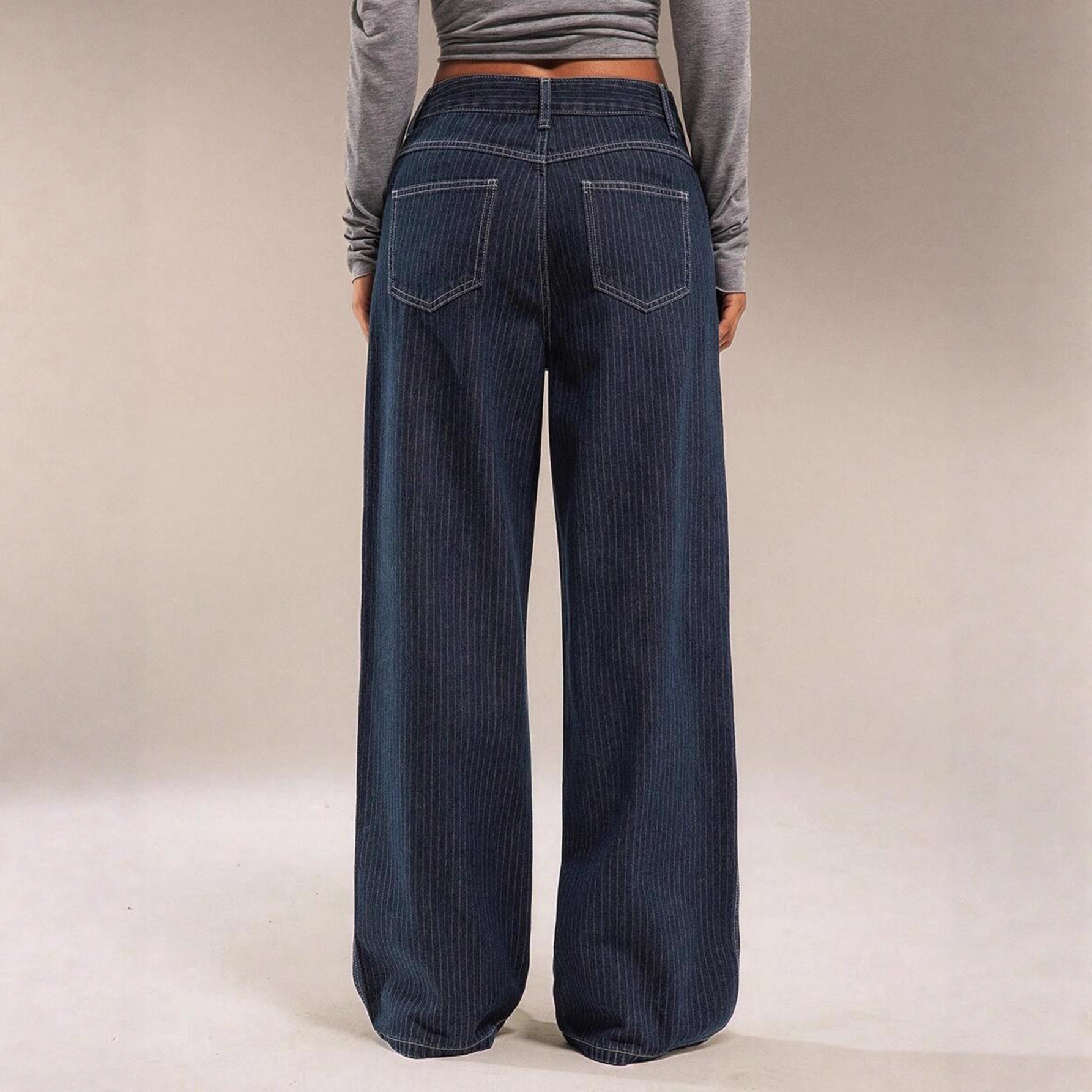 European And American Cross-border Women's Jeans, 2025 Autumn New Style, Blue Striped Casual Straight-le,_ecoleips.com