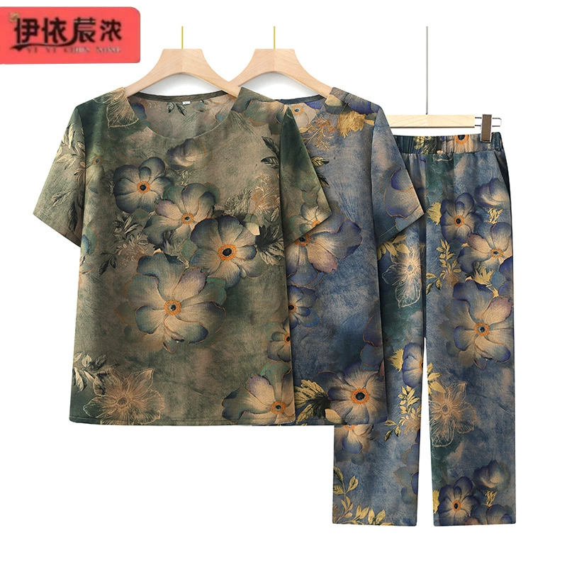 Летняя бабушка костюм с короткими рукавами 2024 новый 60-летний средний и пожилой женский костюм с тонким принтом футболка из двух частей