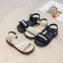 夏季新款公主凉鞋女童珍珠蕾丝一字凉鞋简约可爱牛皮凉鞋一件代发