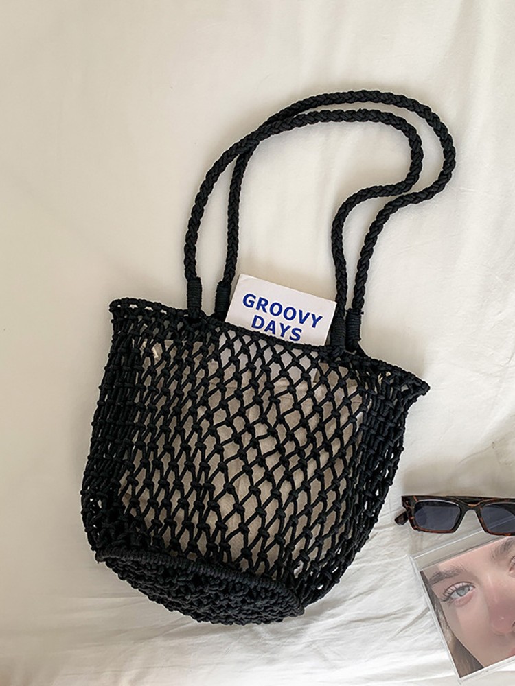 New Cotton Rope Shoulder Tote Bag, Niche Design, Large Capacity, Hollow Mesh Bag, Beach Vacation Leisure Bag
