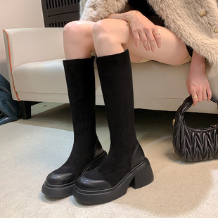 Long Boots Women's Socks Boots Women's 2024 New Autumn and Winter Versatile Thick-Soled High-Heeled Slim Boots No More Than Knee-High Boots