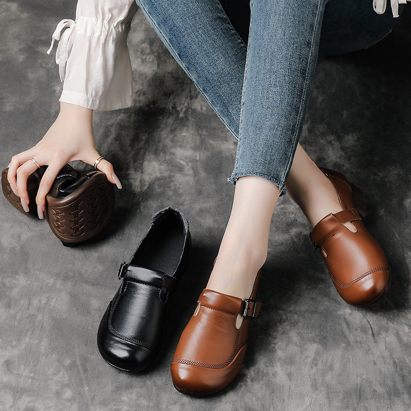 Top-layer Cowhide Mary Jane Spring And Autumn Style, Chunky Heel Single Simple Mid-heel Soft-soled Shoes, Versatile_vogvips.com