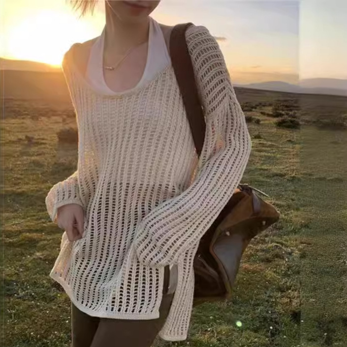 A principios de la primavera, la nueva camisa de punto holgada de viento perezoso, hombro abierto, camisa de verano relajada, camisa de protección solar exterior, camisa de mujer