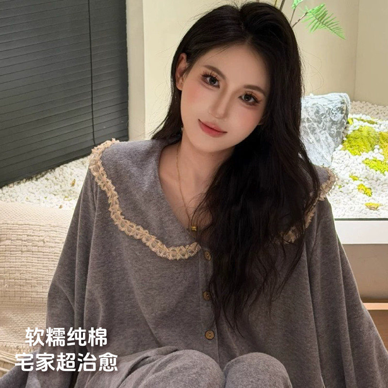 【Twilight Lace】New Autumn and Winter Terry Cloth Pajamas for Women, Long-Sleeved Long Pants Set, Korean Style Loungewear