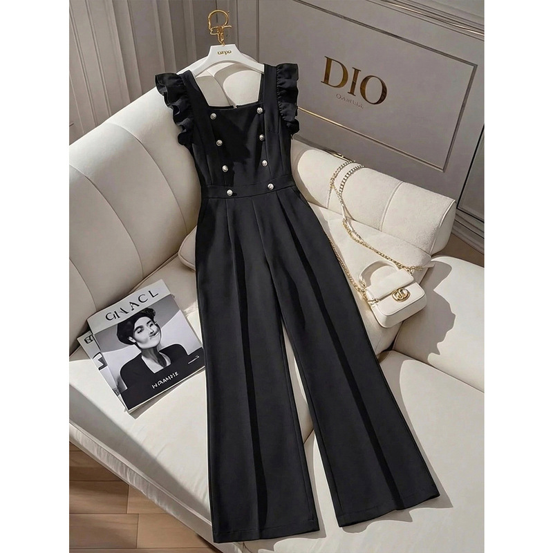 European and American Style Black Square-Neck Jumpsuit for Women, Double-Breasted, Waist-Cinching, Wide-Leg Pants, High-End Commuter Slimming Outfit European and American Style Black Square-Neck Jumpsuit for Women, Double-Breasted, Waist-Cinching, Wide-Leg Pants, High-End Commuter Slimming Outfit