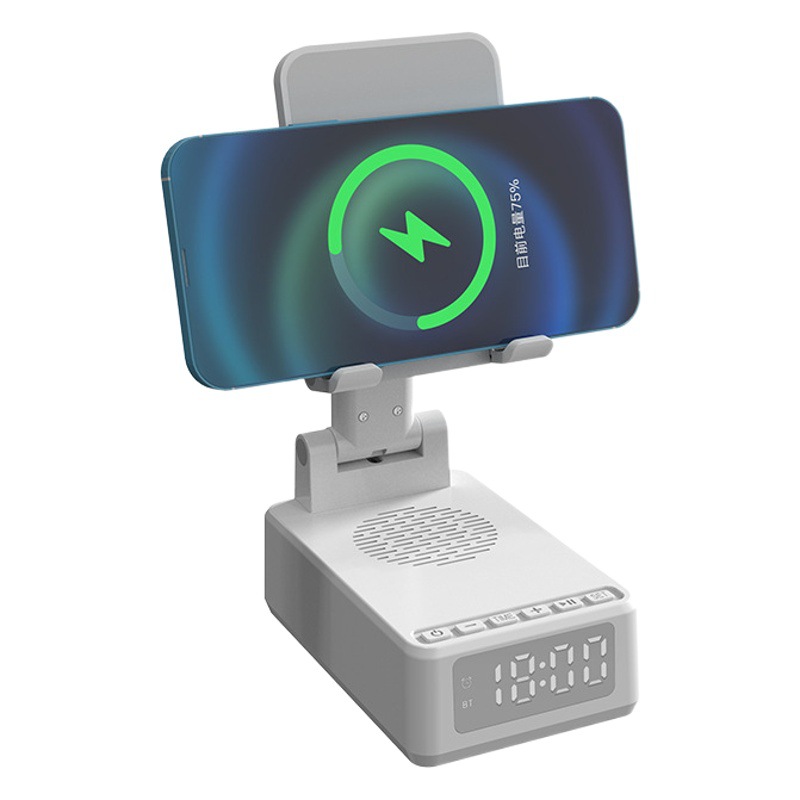 Escritorio tres en uno cargador inalámbrico multi-funcional vertical plegable con soporte de teléfono móvil de audio para Apple 15W carga rápida