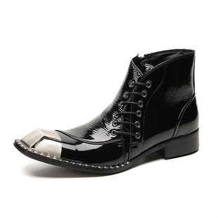 European and American Cowhide Business High-Top Leather Shoes Men's Short Boots British Trendyy Boots Pointed-Toe Brogue Carved Men's Boots