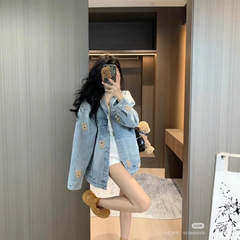 【现货】高街潮牌小众设计感卡通小熊刺绣牛仔夹克女春季百搭外套