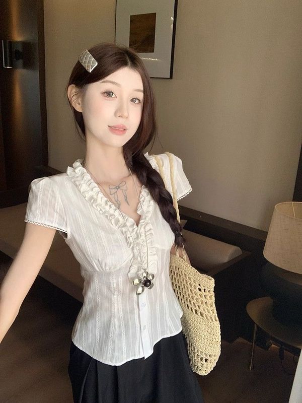 法式复古荷叶边短袖衬衣女夏季白色小众别致收腰显瘦气质衬衫上衣|undefined