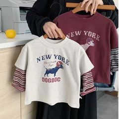 儿童狗狗印花洋气上衣复古风氛围感时尚假两件条纹袖设计感十足