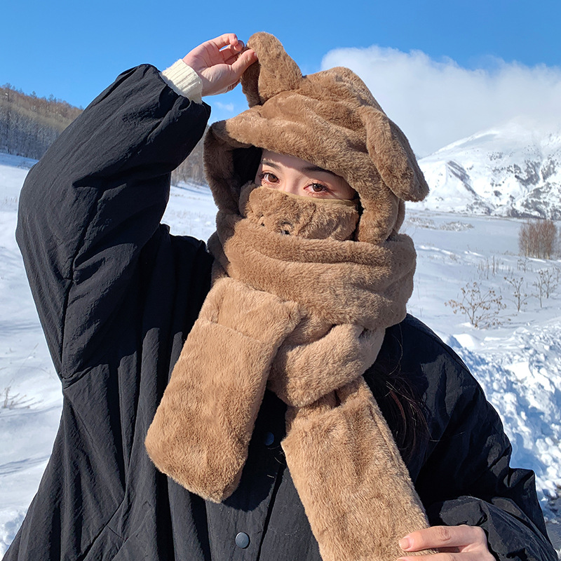 Adorable little bear hat, scarf, and gloves set, plush and thick, winter windproof, pure color, white enhancing, warm keeping hat