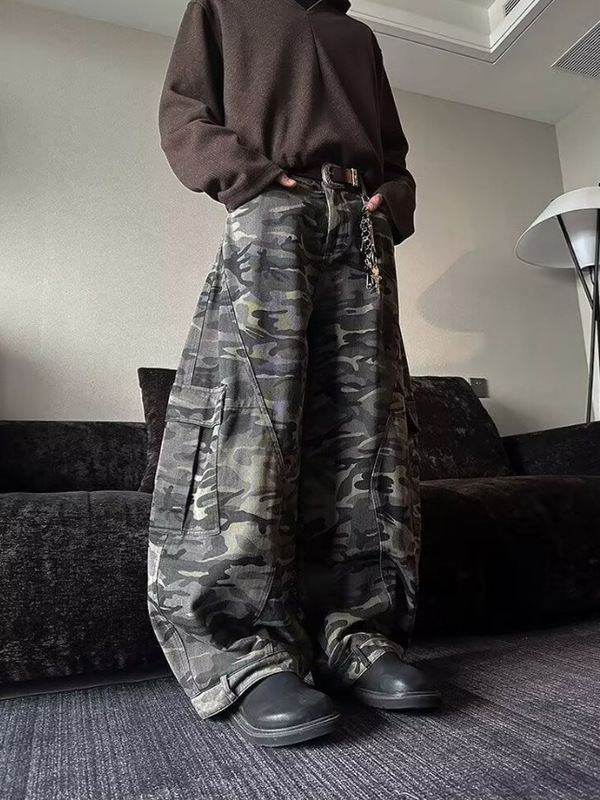 美式复古水洗迷彩阔腿工装裤男高街潮牌百搭反穿设计感弯刀牛仔裤|undefined