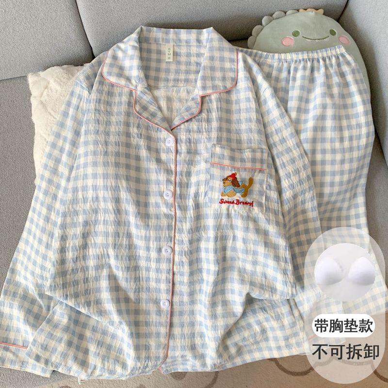 带胸垫纯棉纱布睡衣女长袖长裤春秋款套装可爱小狗开衫家居服夏季|undefined