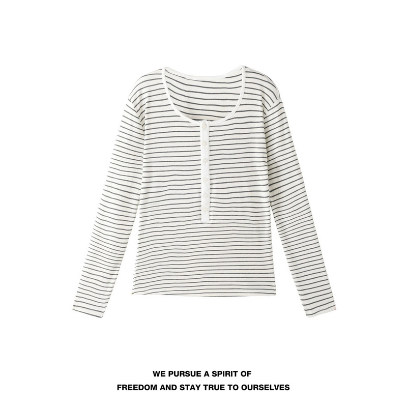 Korean Style Bm Henry Collar Striped Long-Sleeve T-Shirt for Women, 2026 Summer New Slim-Fit Sun-Protective Base Shirt Top Korean Style Bm Henry Collar Striped Long-Sleeve T-Shirt for Women, 2026 Summer New Slim-Fit Sun-Protective Base Shirt Top