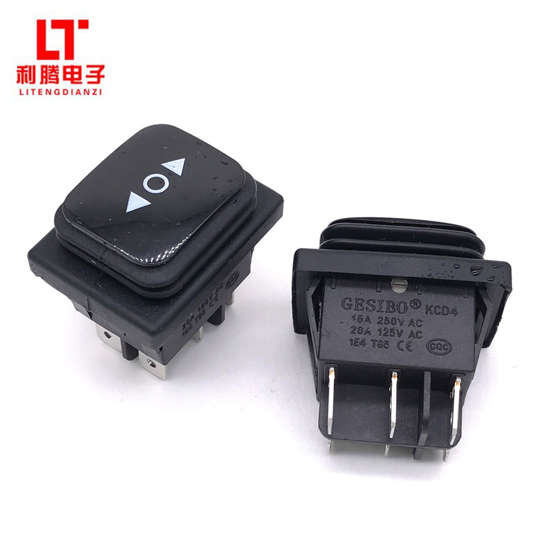 复位防水船型开关KCD4三档双箭头双复位六P连体防水翘板电源开关