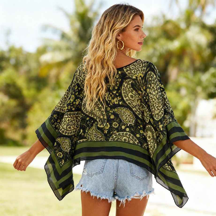 Amazon Aliexpress Europa y Estados Unidos impresa shoal blusa suelta Casual 2026 blusa explosiva bikini blusa protector solar