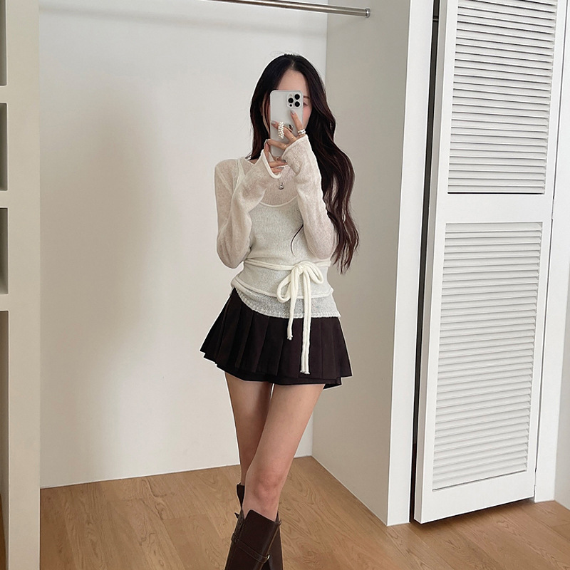 韩国chic 早秋轻薄韩版百搭系带针织小吊带拼接长袖衫假两件套女|undefined