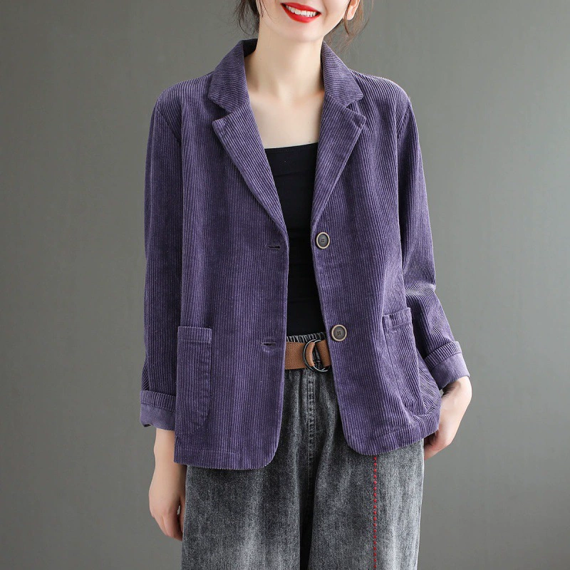 Костюм из гуда Corduroy, однотонный пиджак, осенний ретро с длинным рукавом для отдыха, высокий воротник, 2023, оверсайз