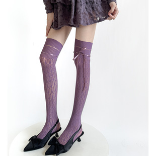 Autumn New Retro Hollow-Out Diamond-Patterned Vertical Mesh Socks Japanese Style Lace-Up Ribbon Bow Jk Thin Over-The-Knee Socks