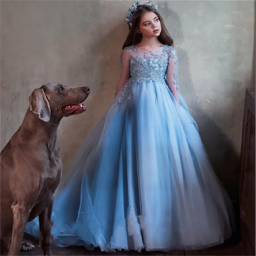Elegante abito da bambina in tulle blu nebbia con pizzo e maniche lunghe, perfetto per compleanni, servizi fotografici, feste e spettacoli teatrali. 【Pre-ordine | Spedizione in 15 giorni】_voghion.com
