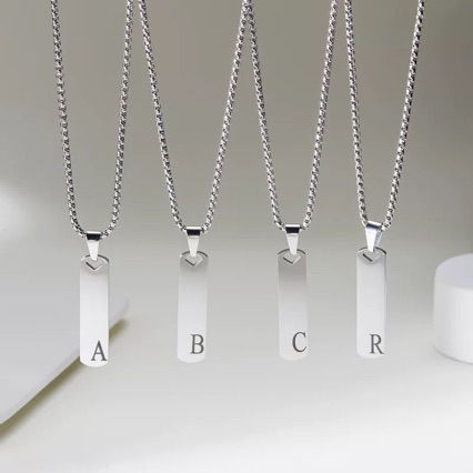 Stainless Steel 26 Letter Necklace For Men Rectangular Pendant_voghion.com